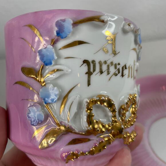 Vintage Mustache Cup and Saucer "A Present" Porcelain Made in Germany - Picture 3 of 11